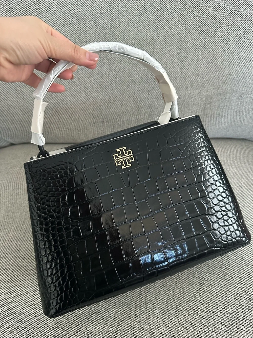 NWT Tory Burch Britten Embossed Croc Leather Satchel Bag Black $850